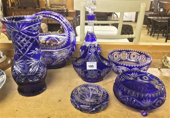 Collection blue cut glass vases, bowls, baskets & decanter etc